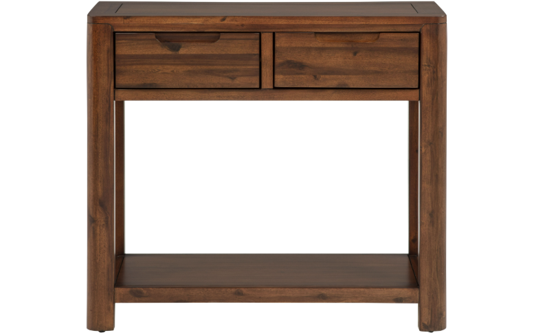 A rustic brown wooden console table with two drawers on the top, an open lower shelf, and a clean white background.