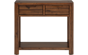 A rustic brown wooden console table with two drawers on the top, an open lower shelf, and a clean white background.