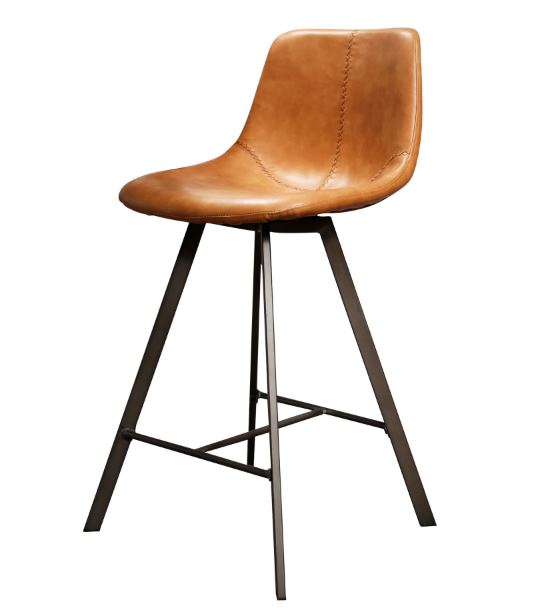 Black bar stool with leather seat and metal legs on a white background