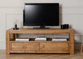 Wooden TV stand with a television on a white background
