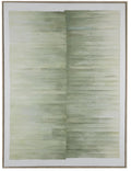 An abstract framed wall art print featuring textured horizontal brushstrokes in muted sage green, olive, and cream tones, enclosed in a thin light brown frame.