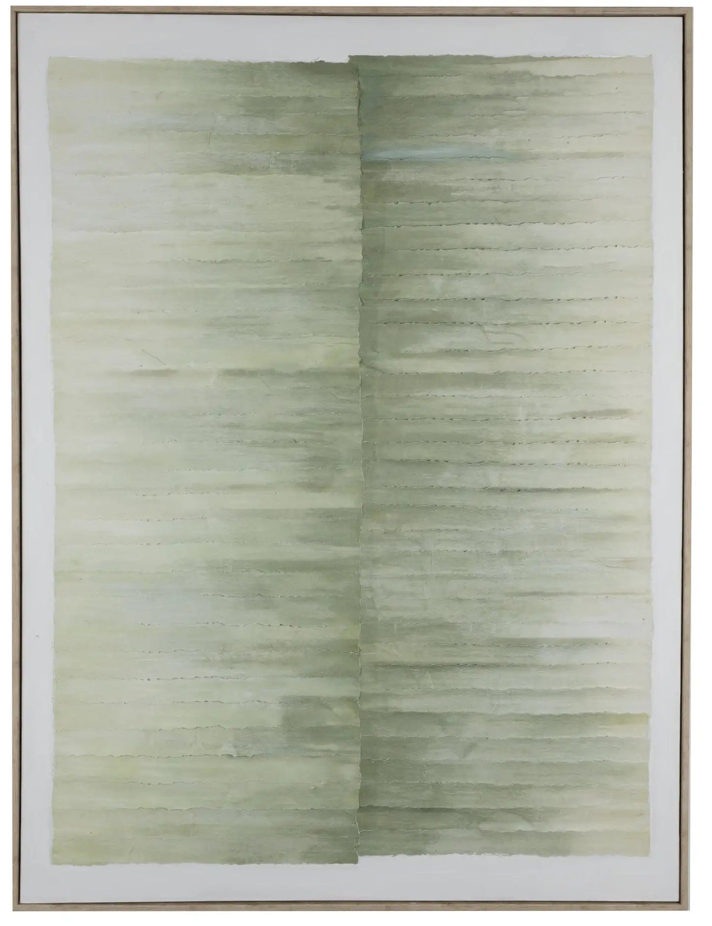 An abstract framed wall art print featuring textured horizontal brushstrokes in muted sage green, olive, and cream tones, enclosed in a thin light brown frame.