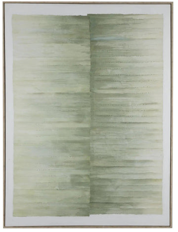 An abstract framed wall art print featuring textured horizontal brushstrokes in muted sage green, olive, and cream tones, enclosed in a thin light brown frame.
