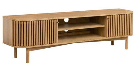 Wooden TV stand with slatted design on a white background