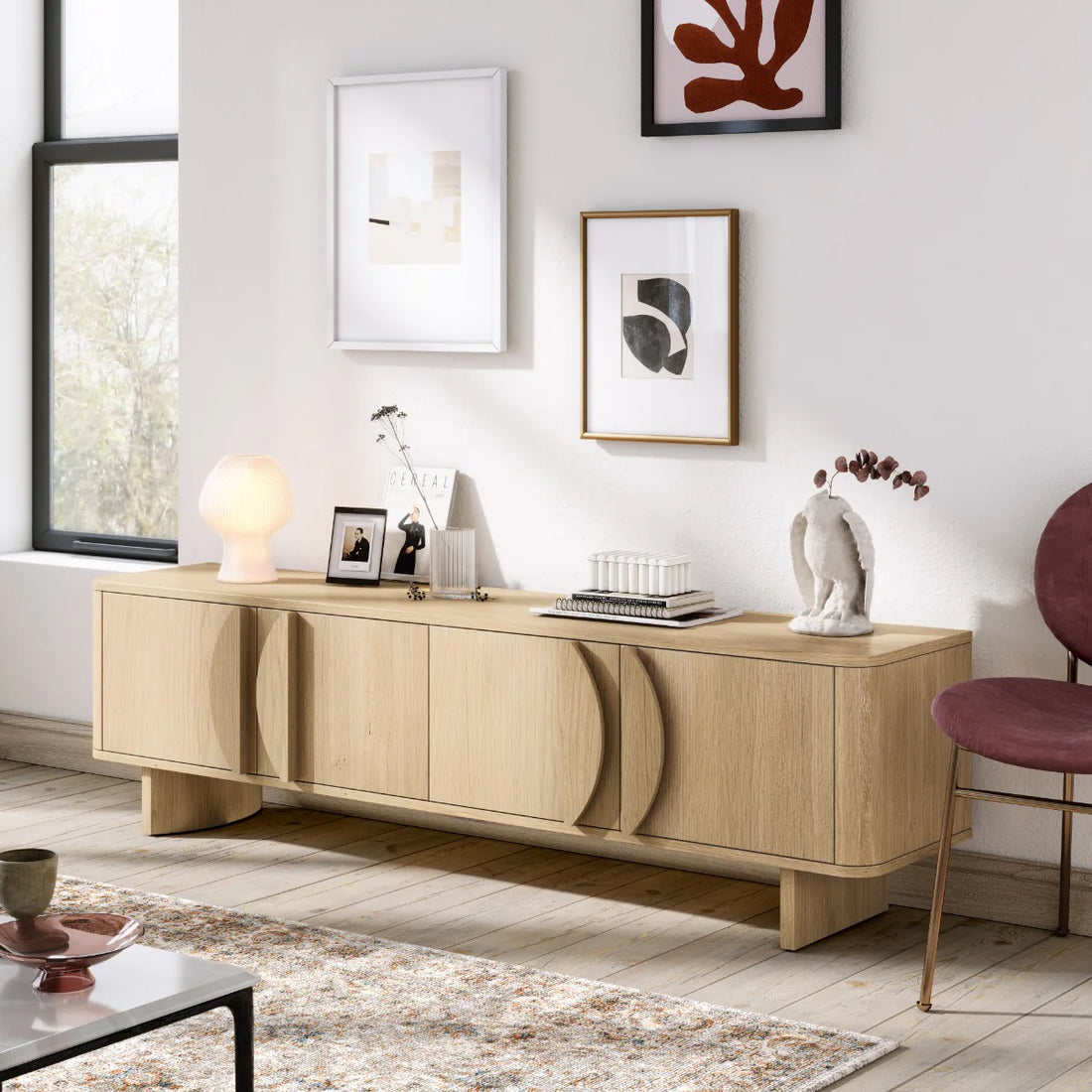 Wooden sideboard with a minimalist design on a white background