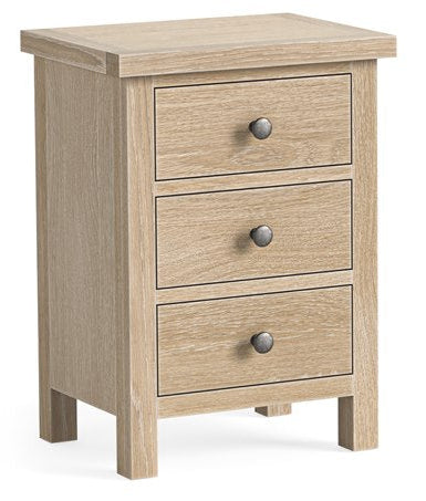 Wooden nightstand with three drawers on a white background
