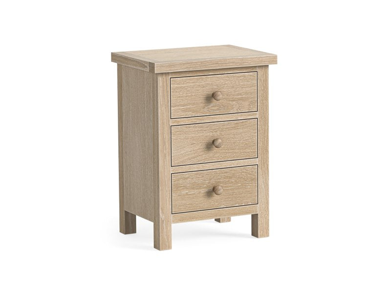 Wooden nightstand with three drawers on a white background