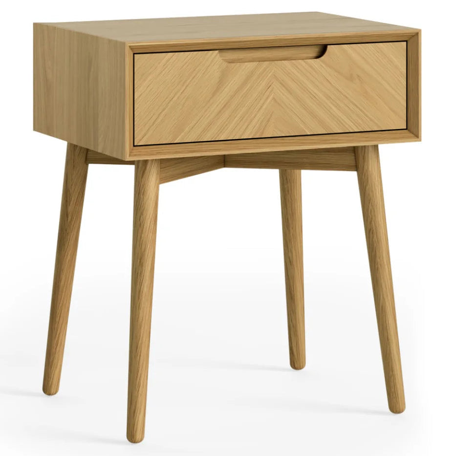 Wooden side table with a drawer on a white background