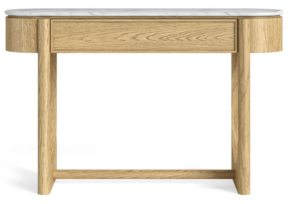 Wooden console table with marble top on a white background
