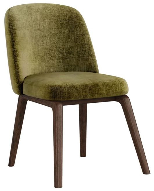An upholstered dining chair with a rounded backrest and seat cushion in textured olive green fabric, supported by four tapered dark brown wooden legs, shown on a plain white background.