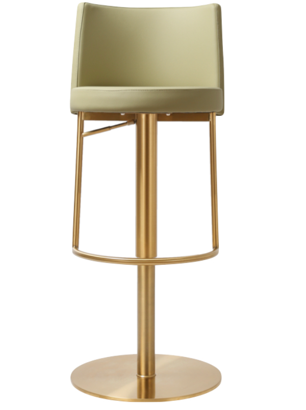 Bar stool with green seat and gold metal frame on a white background