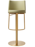 Bar stool with green seat and gold metal frame on a white background