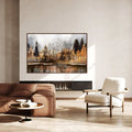 Modern living room with a large TV displaying a nature scene, brown sofa, and white armchair.