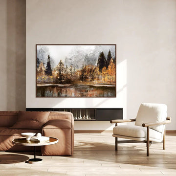 Modern living room with a large TV displaying a nature scene, brown sofa, and white armchair.