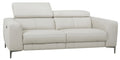 A modern two-seater sofa upholstered in light cream or off-white leather, shown from a three-quarter angle against a plain white background.