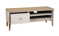 A modern low TV stand or media console with a light natural wood top and legs, and a white cabinet body featuring one open drawer and two open shelves.