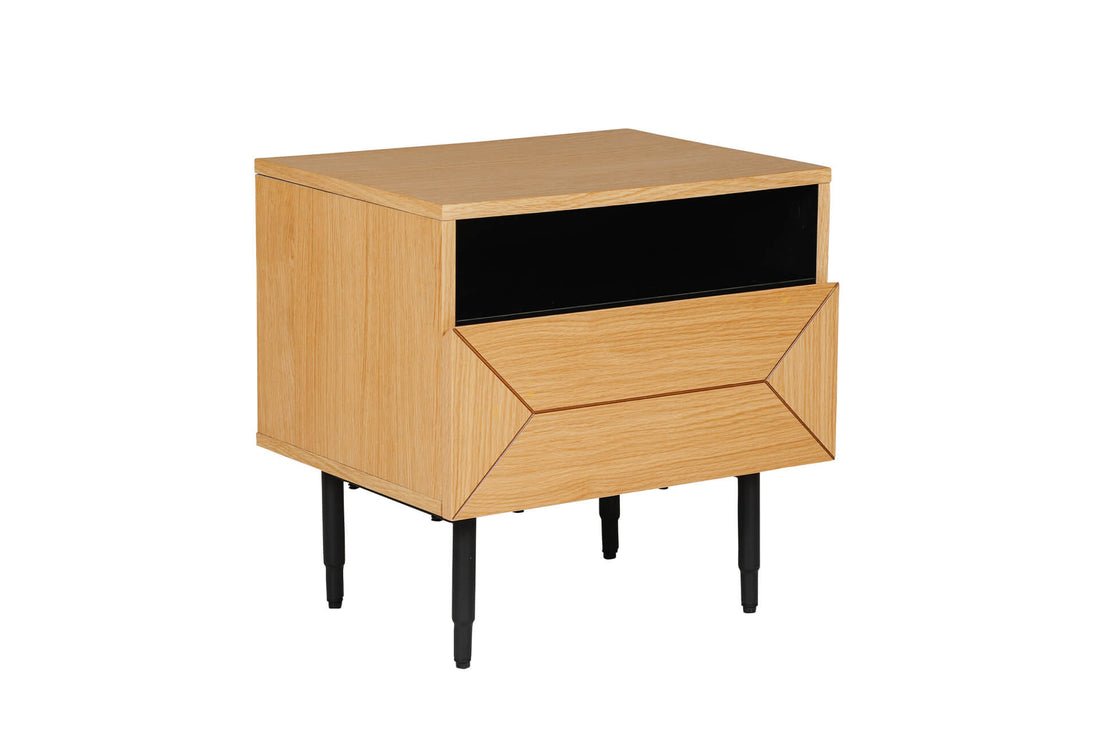 Wooden nightstand with geometric design on a white background