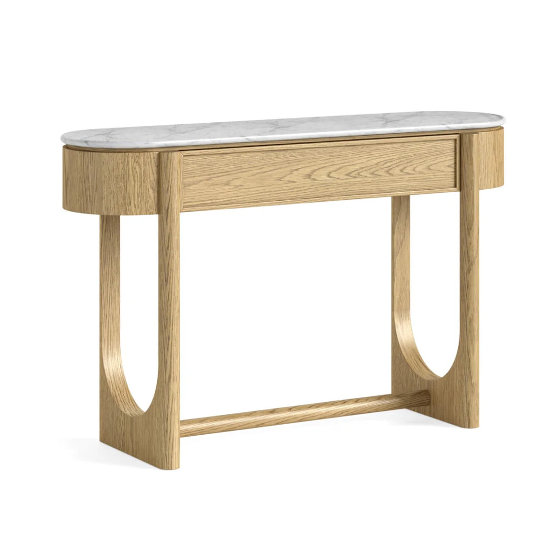 Wooden console table with marble top on a white background