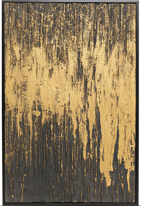 Abstract framed wall art featuring a textured, distressed pattern of metallic gold paint dripping over a dark charcoal black background, enclosed in a thin black frame.