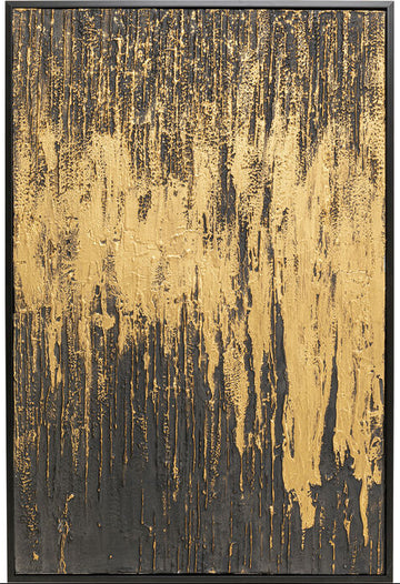 Abstract framed wall art featuring a textured, distressed pattern of metallic gold paint dripping over a dark charcoal black background, enclosed in a thin black frame.