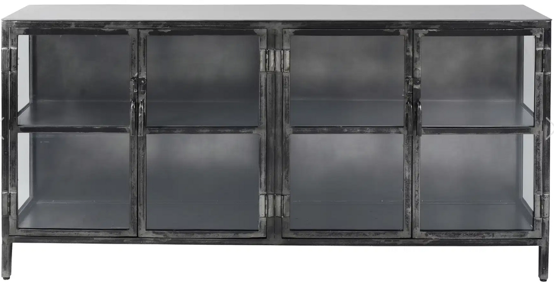 A rectangular sideboard cabinet with a distressed black metal frame, four glass doors, and two open shelves, shown against a plain white background.