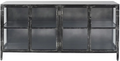 A rectangular sideboard cabinet with a distressed black metal frame, four glass doors, and two open shelves, shown against a plain white background.