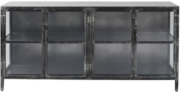 A rectangular sideboard cabinet with a distressed black metal frame, four glass doors, and two open shelves, shown against a plain white background.