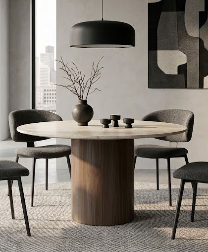 A round dining table with a light beige wood-grain top and a darker brown fluted pedestal base, shown on a plain white background.
