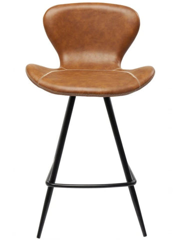A modern counter stool with a curved, sculptural seat and back upholstered in warm brown leather, supported by a slim black metal frame with four legs.