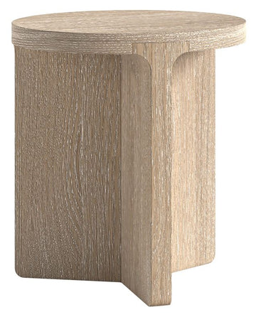 Round wooden side table with a textured surface on a white background