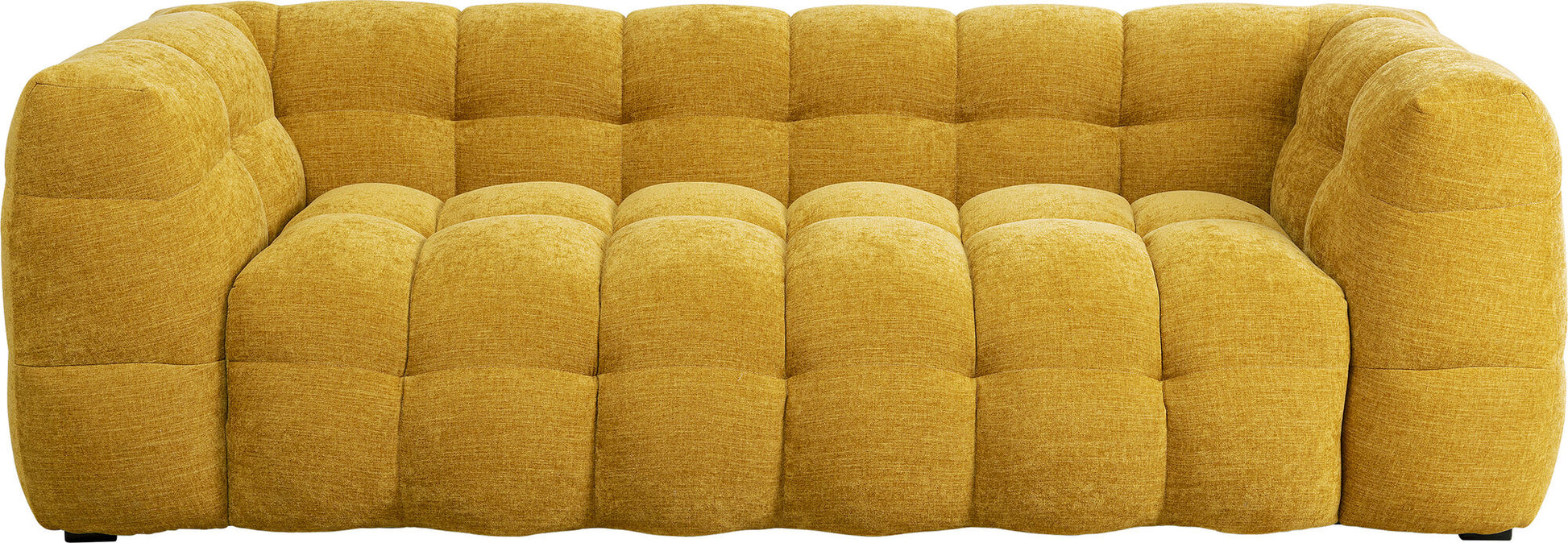 A mustard yellow tufted fabric sofa with a chunky, rounded block design, shown against a plain white background.