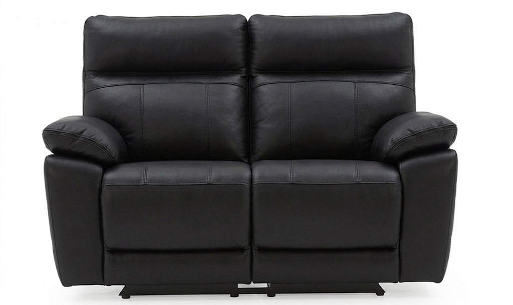 Black faux leather two-seater reclining loveseat sofa, shown from the front against a plain white background.