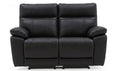 Black faux leather two-seater reclining loveseat sofa, shown from the front against a plain white background.