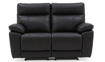 Black faux leather two-seater reclining loveseat sofa, shown from the front against a plain white background.
