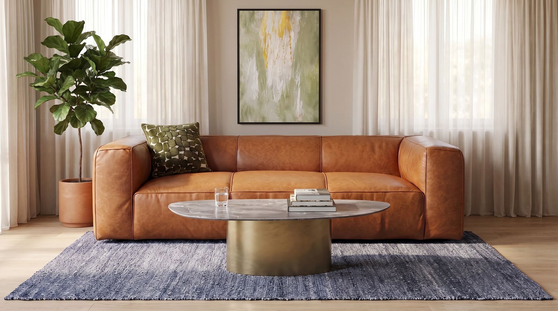 KARE Design Cubetto Three-Seat Sofa Leather Light Brown 86.6 in