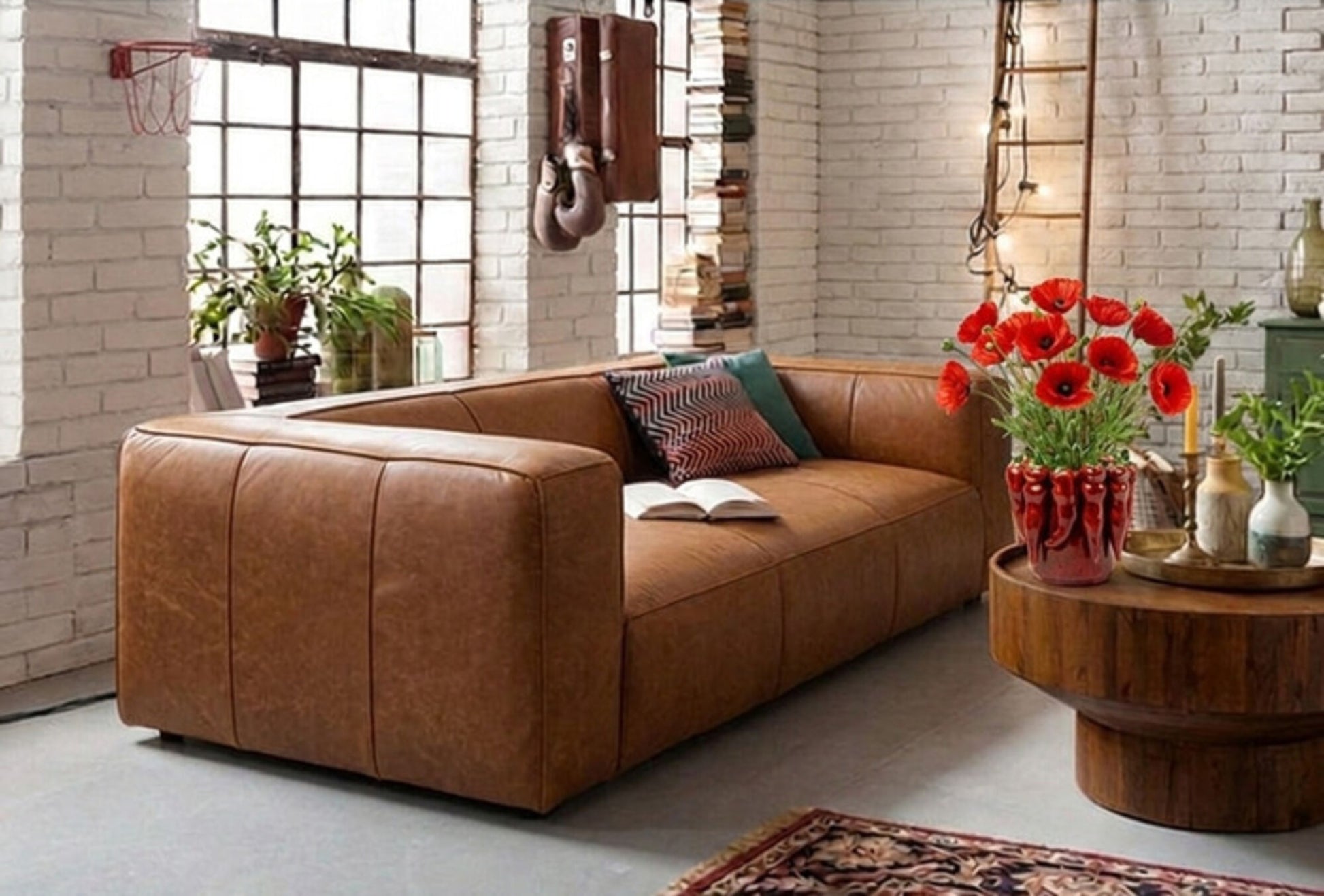 KARE Design Cubetto Three-Seat Sofa Leather Light Brown 86.6 in