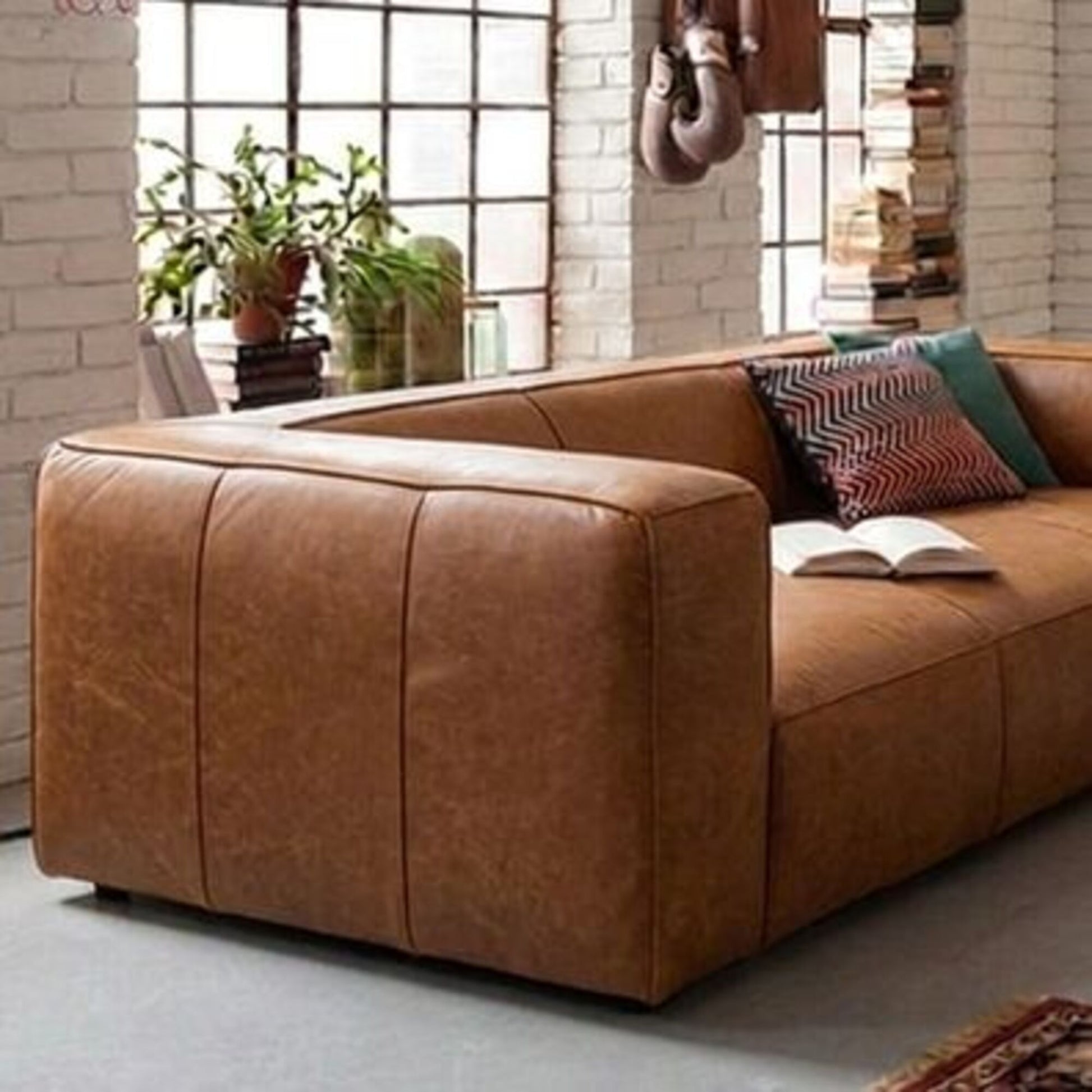 KARE Design Cubetto Three-Seat Sofa Leather Light Brown 86.6 in