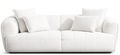 A modern white upholstered sofa with four matching square throw pillows, shown from a front-facing perspective on a seamless white background.