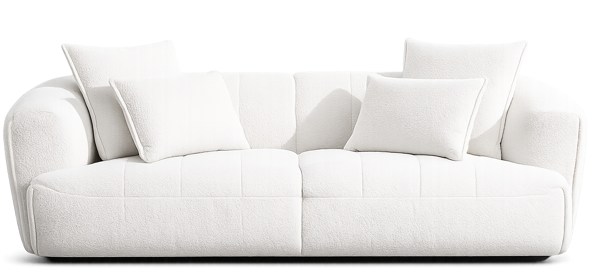 A modern white upholstered sofa with four matching square throw pillows, shown from a front-facing perspective on a seamless white background.