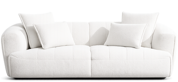 A modern white upholstered sofa with four matching square throw pillows, shown from a front-facing perspective on a seamless white background.