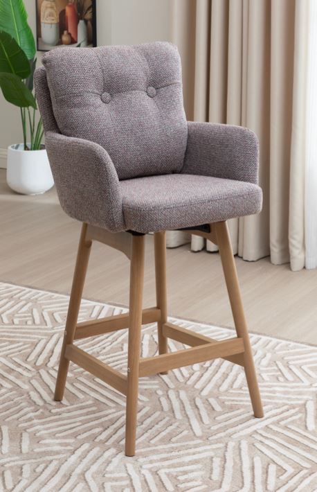 Brown upholstered bar stool with wooden legs on a white background