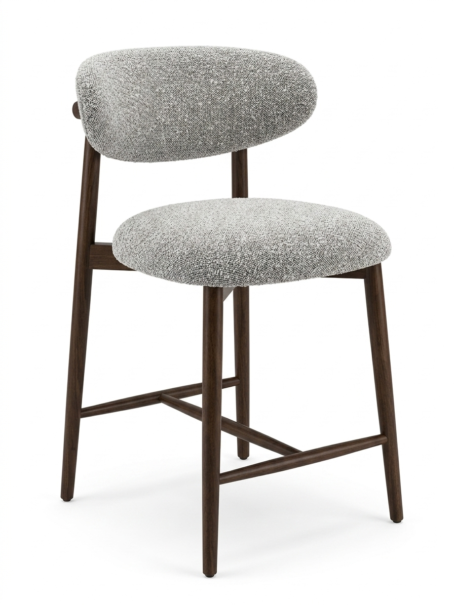 Gray upholstered bar stool with wooden legs on a white background