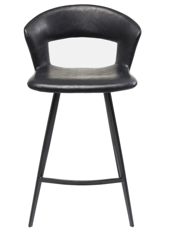 A modern black faux-leather barstool with a curved backrest and slim metal legs, shown against a plain white background.