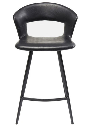 A modern black faux-leather barstool with a curved backrest and slim metal legs, shown against a plain white background.