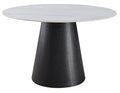 A modern round dining table featuring a white marble-patterned top and a wide, tapered black wood-grain pedestal base, shown against a plain white background.