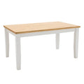 A rectangular dining table with a light natural wood top and white painted legs, shown against a plain white background.