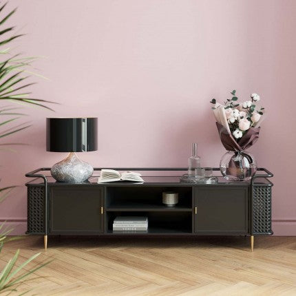 TV Board Fence Glass Steel Black