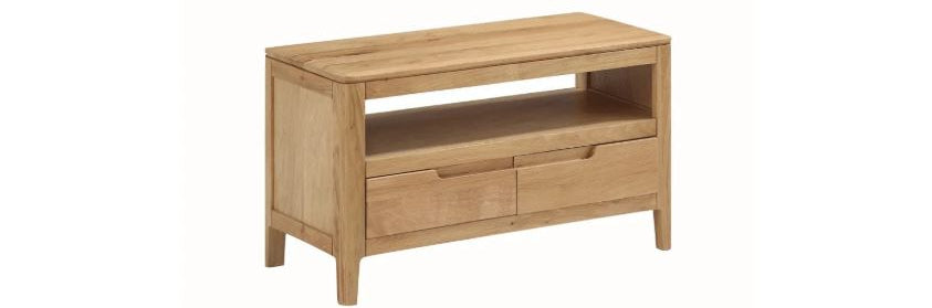 A light natural wood TV stand or console table with two drawers and an open shelf, shown on a plain white background.