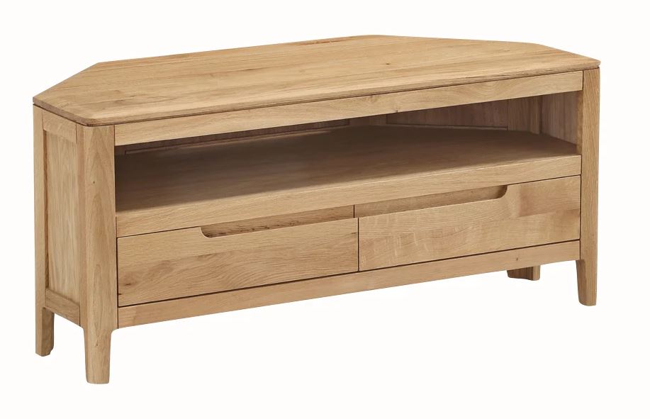 A light oak wood corner TV stand with two drawers and an open shelf, shown on a plain white background.