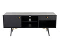 A modern black media console with a textured gray top, two cabinet doors with brass knobs, an open center shelf, and tapered black legs with brass accents, shown against a plain white background.